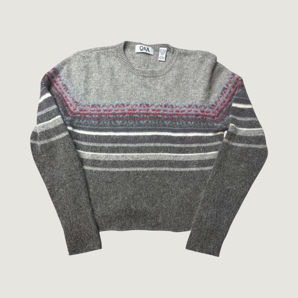 Vintage Q&A Sweater Womens L Grey Fair Isle Striped Lambswool Angora Crew Neck